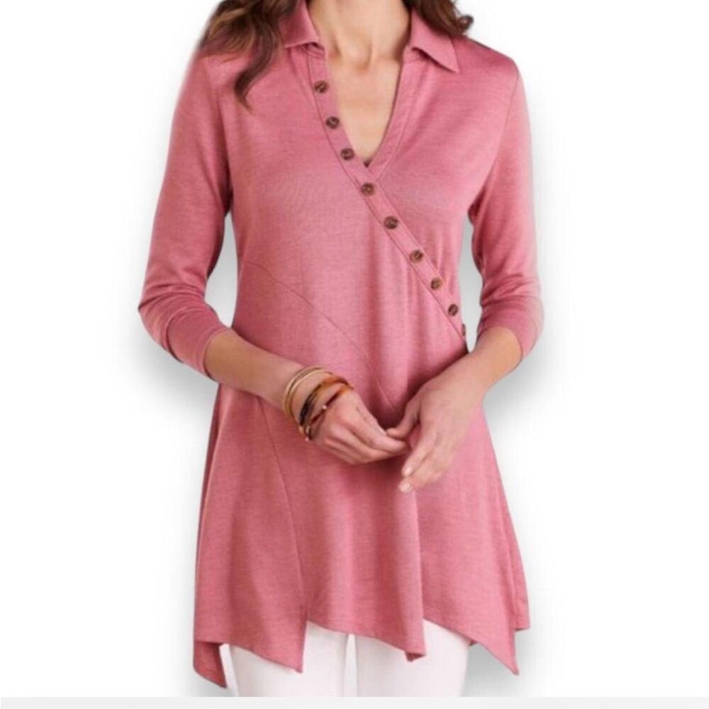 Soft Surroundings Tamara Tunic Womens Pink Collared  Buttons‎ Asymmetrical Sz XL